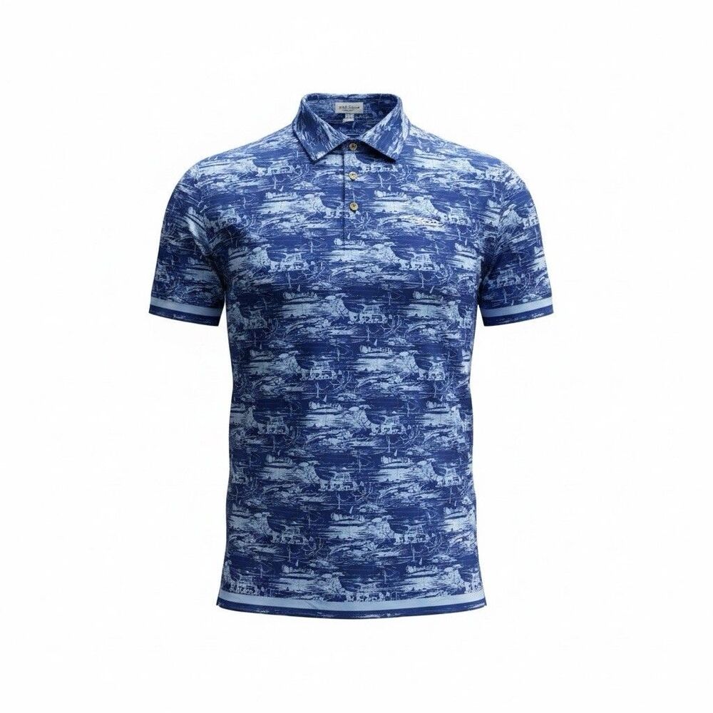 Peter Millar Summer Comfort Blue Performance Polo Shirt Mens XL Golf Camping AOP